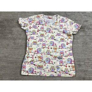 Izzy Scrubs Scrub Top Women L White Owl Print V-Neck Short Sleeve Cotton 26078